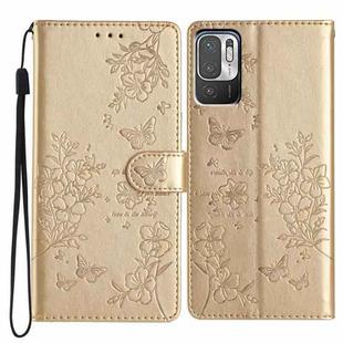 For Redmi Note 10 5G Butterflies and Flowers Leather Phone Case(Gold)