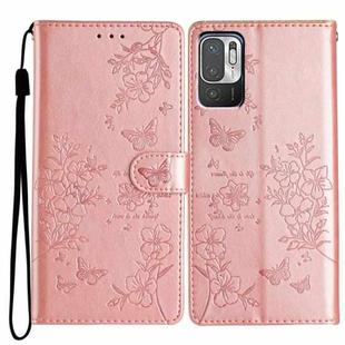 For Redmi Note 10 5G Butterflies and Flowers Leather Phone Case(Rose Gold)