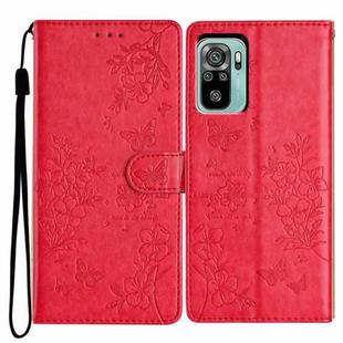 For Redmi Note 10S Butterflies and Flowers Leather Phone Case(Red)