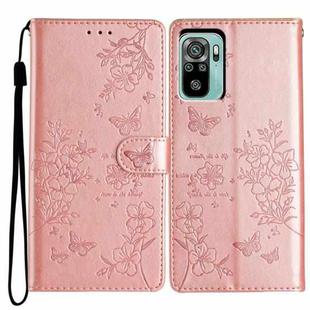 For Redmi Note 10S Butterflies and Flowers Leather Phone Case(Rose Gold)