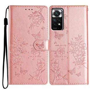 For Redmi Note 11S 4G Butterflies and Flowers Leather Phone Case(Rose Gold)