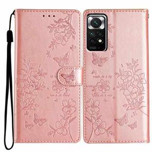 For Redmi Note 11 4G Global Butterflies and Flowers Leather Phone Case(Rose Gold)