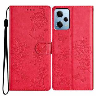 For Redmi Note 12 4G Global Butterflies and Flowers Leather Phone Case(Red)