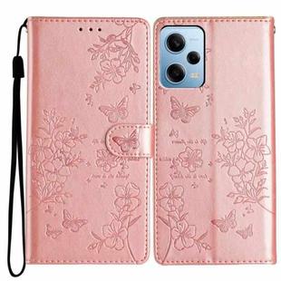 For Redmi Note 12 4G Global Butterflies and Flowers Leather Phone Case(Rose Gold)