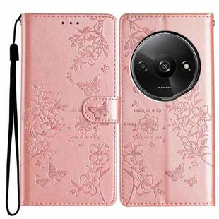 For Redmi A3 Butterflies and Flowers Leather Phone Case(Rose Gold)