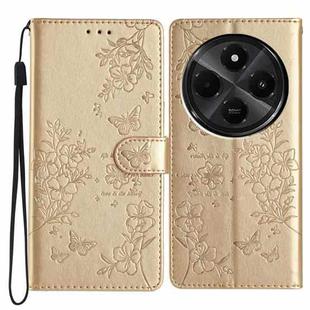 For Redmi A4 5G Butterflies and Flowers Leather Phone Case(Gold)