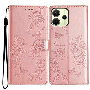 For Redmi Note 14 4G 163.25mm Butterflies and Flowers Leather Phone Case(Rose Gold)