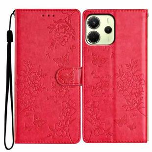 For Redmi Note 14 4G 164.84mm Butterflies and Flowers Leather Phone Case(Red)