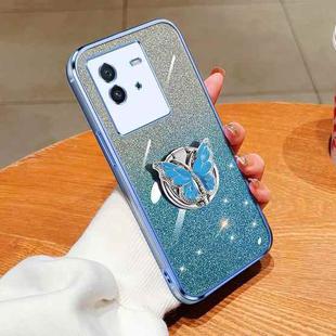 For vivo iQOO Neo6 Plated Gradient Glitter Butterfly Holder TPU Phone Case(Sierra Blue)