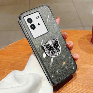 For vivo iQOO Neo6 Plated Gradient Glitter Butterfly Holder TPU Phone Case(Black)