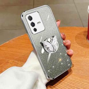 For vivo S12 Plated Gradient Glitter Butterfly Holder TPU Phone Case(Silver)