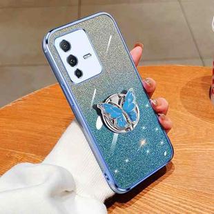 For vivo S12 Plated Gradient Glitter Butterfly Holder TPU Phone Case(Sierra Blue)