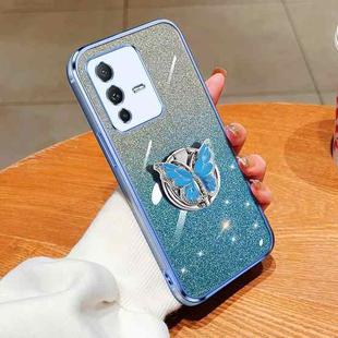 For vivo S12 Pro Plated Gradient Glitter Butterfly Holder TPU Phone Case(Sierra Blue)