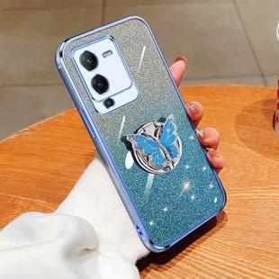 For vivo S15 Plated Gradient Glitter Butterfly Holder TPU Phone Case(Sierra Blue)