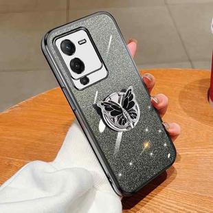 For vivo S15 Plated Gradient Glitter Butterfly Holder TPU Phone Case(Black)