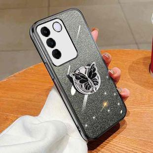 For vivo S16e Plated Gradient Glitter Butterfly Holder TPU Phone Case(Black)