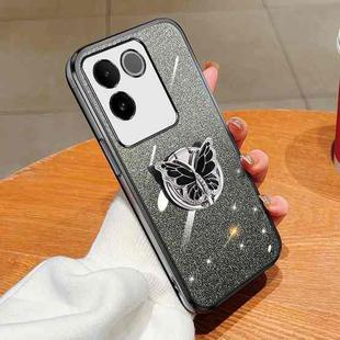 For vivo S17e Plated Gradient Glitter Butterfly Holder TPU Phone Case(Black)