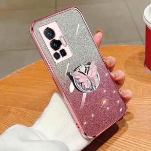 For vivo X70 Pro Plated Gradient Glitter Butterfly Holder TPU Phone Case(Pink)