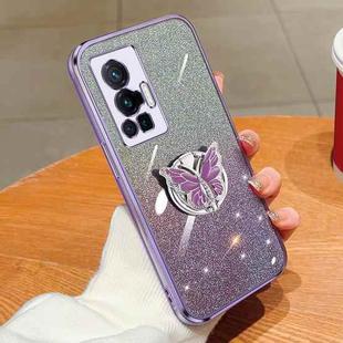 For vivo X70 Pro Plated Gradient Glitter Butterfly Holder TPU Phone Case(Purple)