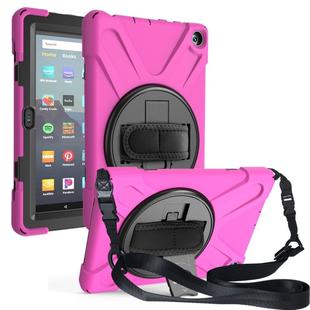 For Amazon Kindle Fire HD8 (2020) Shockproof Colorful Silicone + PC Protective Case with Holder & Shoulder Strap & Hand Strap(Rose Red)