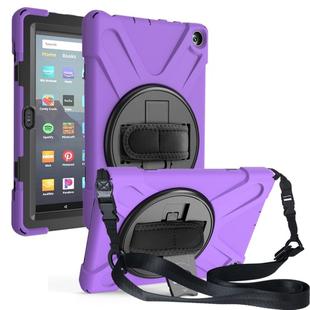 For Amazon Kindle Fire HD8 (2020) Shockproof Colorful Silicone + PC Protective Case with Holder & Shoulder Strap & Hand Strap(Purple)