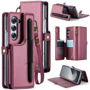 For Samsung Galaxy Z Fold6 5G CaseMe C22 PC+TPU Business Style RFID Anti-theft Lanyard Leather Phone Case with Pen Slot(Wine Red)