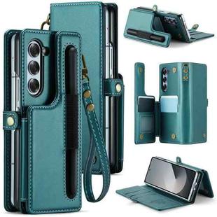 For Samsung Galaxy Z Fold6 5G CaseMe C22 PC+TPU Business Style RFID Anti-theft Lanyard Leather Phone Case with Pen Slot(Blue Green)