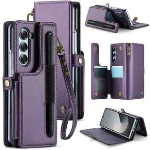 For Samsung Galaxy Z Fold6 5G CaseMe C22 PC+TPU Business Style RFID Anti-theft Lanyard Leather Phone Case with Pen Slot(Purple)