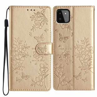 For Samsung Galaxy A22 5G Butterflies and Flowers Leather Phone Case(Gold)