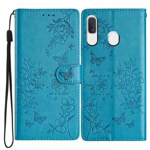 For Samsung Galaxy A40 Butterflies and Flowers Leather Phone Case(Blue)