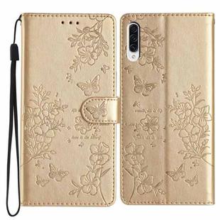 For Samsung Galaxy A50 Butterflies and Flowers Leather Phone Case(Gold)