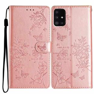 For Samsung Galaxy A51 4G Butterflies and Flowers Leather Phone Case(Rose Gold)