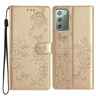 For Samsung Galaxy Note20 Butterflies and Flowers Leather Phone Case(Gold)