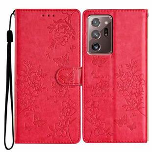 For Samsung Galaxy Note20 Ultra Butterflies and Flowers Leather Phone Case(Red)