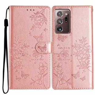 For Samsung Galaxy Note20 Ultra Butterflies and Flowers Leather Phone Case(Rose Gold)