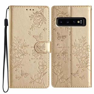 For Samsung Galaxy S10 Butterflies and Flowers Leather Phone Case(Gold)