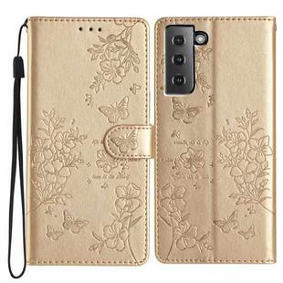 For Samsung Galaxy S21 5G Butterflies and Flowers Leather Phone Case(Gold)