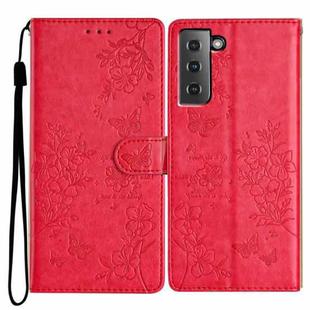 For Samsung Galaxy S21 5G Butterflies and Flowers Leather Phone Case(Red)