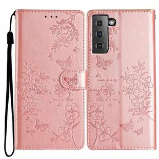 For Samsung Galaxy S21 5G Butterflies and Flowers Leather Phone Case(Rose Gold)