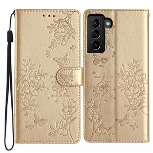For Samsung Galaxy S21 FE 5G Butterflies and Flowers Leather Phone Case(Gold)