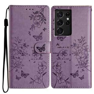 For Samsung Galaxy S21 Ultra 5G Butterflies and Flowers Leather Phone Case(Purple)