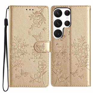 For Samsung Galaxy S22 Ultra 5G Butterflies and Flowers Leather Phone Case(Gold)