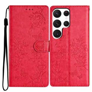 For Samsung Galaxy S22 Ultra 5G Butterflies and Flowers Leather Phone Case(Red)