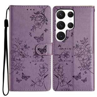 For Samsung Galaxy S22 Ultra 5G Butterflies and Flowers Leather Phone Case(Purple)