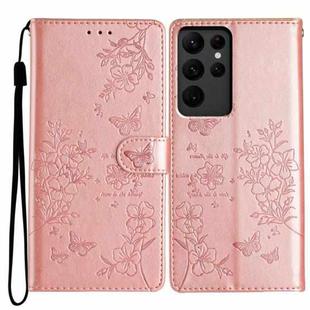 For Samsung Galaxy S23 Ultra 5G Butterflies and Flowers Leather Phone Case(Rose Gold)