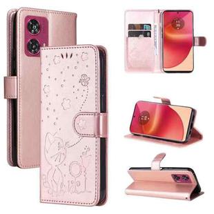 For Motorola Edge 50 Fusion Cat and Bee Embossed Flip Leather Phone Case(Rose Gold)