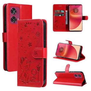 For Motorola Edge 50 Fusion Cat and Bee Embossed Flip Leather Phone Case(Red)