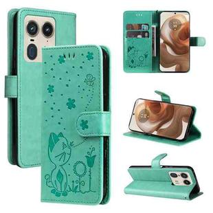 For Motorola Edge 50 Ultra Cat and Bee Embossed Flip Leather Phone Case(Green)