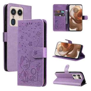 For Motorola Edge 50 Ultra Cat and Bee Embossed Flip Leather Phone Case(Purple)