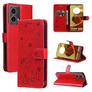 For Motorola Moto G85 Cat and Bee Embossed Flip Leather Phone Case(Red)